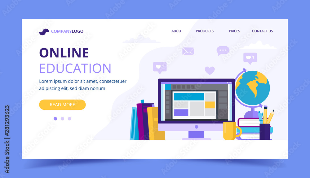 Fototapete Online education landing page with a computer and different books. Vector illustration in flat style