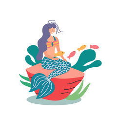 Fairy-tale character mermaid with a tail sitting on a stone. Fairy tales. Vector editable illustration