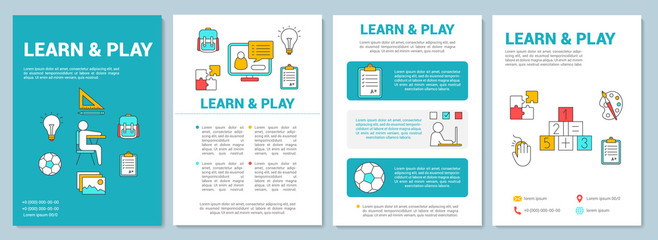Obraz na płótnie Canvas Learn and play brochure template layout. Children entertainment and education. Flyer, booklet, leaflet print design with linear illustrations. Vector page layouts for magazines, annual reports