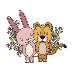 set of cute animals with branch and leaves of background