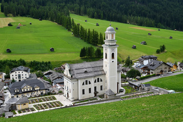 The Church of Sesto-Sexten during summer season. Val Pusteria, Dolomites. South Tyrol in Italy.