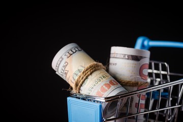 Rolled up money bills inside a minoature shopping cart. Shopping Concept 
