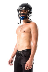 Obraz na płótnie Canvas shirtless American Football player in helmet Isolated On White