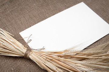 Yellow dry spikelets of wheat on burlap and white space for text. Still life close-up. Top view.