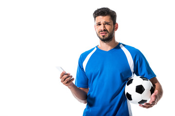 confused soccer player with ball using smartphone Isolated On White © LIGHTFIELD STUDIOS