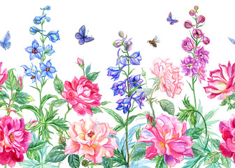 Seamless border of summer flowers: roses and delphinium with flying butterflies on a white background, watercolor illustration, print for fabric and other designs.