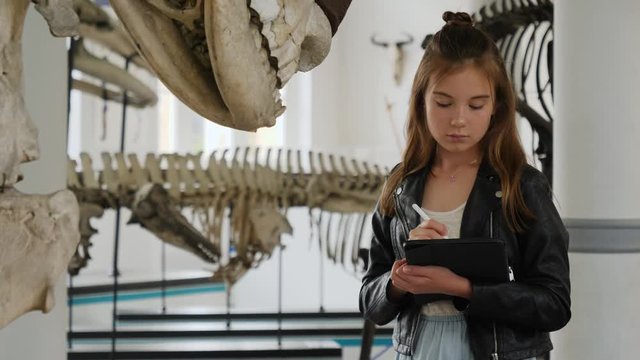 Teenager cute girl makes draw sketches in graphic tablet of animal skeletons in museum of nature as part of school task of biology