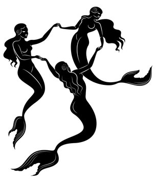 Silhouette three mermaids. Beautiful girls swim in the water, dance. The lady is young and slim. Fantastic image of a fairy tale. Vector illustration