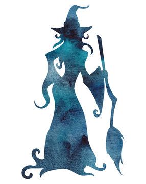 watercolor hand painted witch silhouette with night sky galaxy effect isolated on white