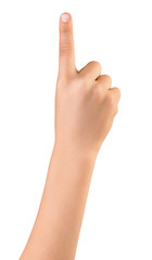 Child's hand touching or pointing to something by forefinger, isolated on white background. 