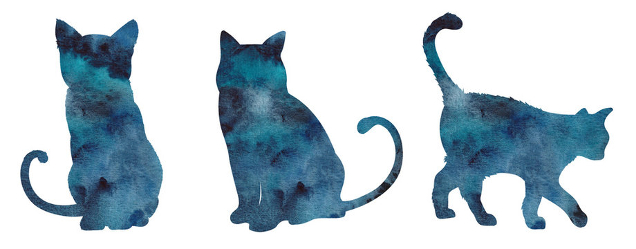 set with watercolor hand painted cat silhouette with night sky galaxy effect isolated