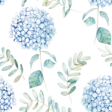 Watercolor seamless pattern. Vintage print with hortensia flowers and eucalyptus branches. Hand drawn illustration