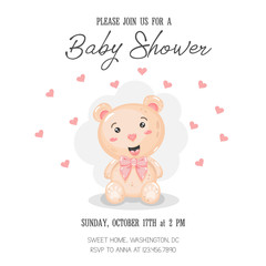 Cute bear with pink bow. Baby shower invitation.