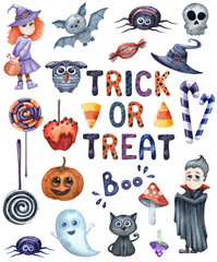 Smiling and funny Halloween watercolor illustrations set for party isolated