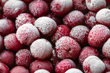 Ripe frozen red and maroon sweet cherries with hoarfrost. Natural organic healthy food
