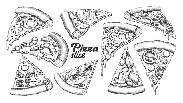 Assortment Different Slice Pizza Set Ink Vector. Collection Slice Cheese Pizza With Ingredients Mushroom And Shrimp Prawn, Tomatoes And Onion Concept. Designed Template Black And White Illustrations