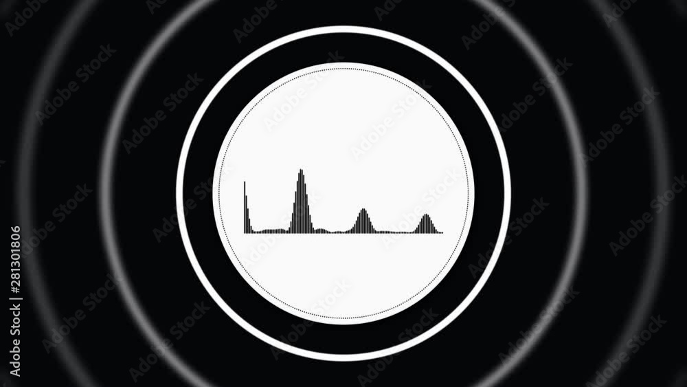 Poster abstract white circle with black horizontal sound signal and white pulsating circle frames on black 