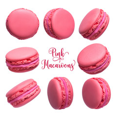 Satz von rosa französischen Macarons Kuchen isoliert auf weißem Hintergrund