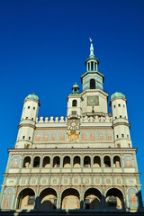 Naklejka premium facade of Renaissance town hall with tower clock in Poznan.