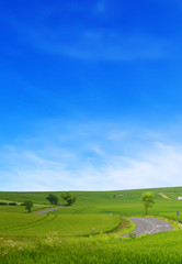 A winding road road in the field and blue sky