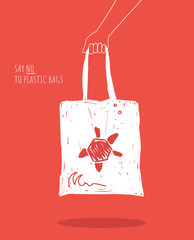 Hand holding tote bag. Zero waste shopping, plastic free. Vector illustration, reusable textile shopping bag in simple style. Eco style. No plastic. 