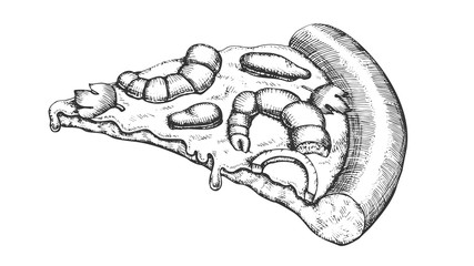 Seafood Italian Slice Pizza Hand Drawn Vector. Cooked Slice Cheese Pizza With Ingredients Shrimp Prawn And Mussels, Onion And Leaves Parsley Concept. Designed Restaurant Food Monochrome Illustration