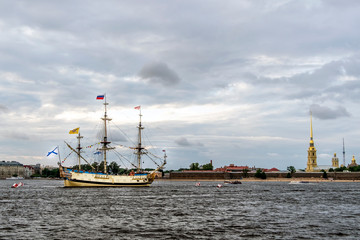 ST. PETERSBURG, RUSSIA - JULY , 2019: Frigate Poltava in Neva river preparing to the parade...