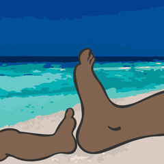 An image of two legs: one child's leg and one man's leg (from foot to knee) with a dark skin color, nearby to each other on a background of a sandy beach, a sea and a blue sky