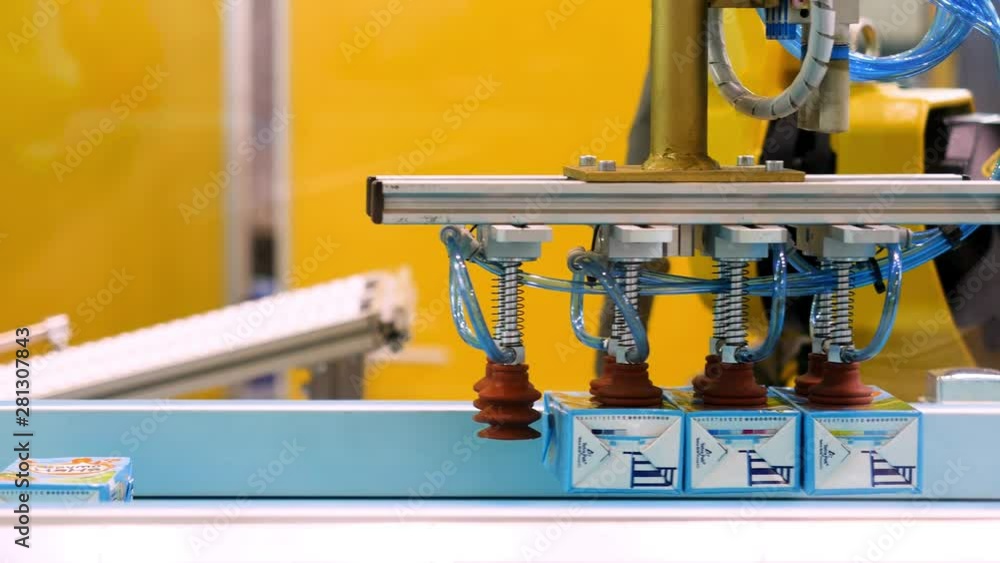 Poster mechanical robot with artificial intelligence sorts products on the conveyor, modern technologies co