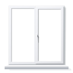 Realistic white window mockup. PVC window for modern room insterior design. Blank glass construction with sill. Residential building vector window.