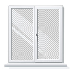 Realistic white window mockup. PVC window for modern room insterior design. Blank glass construction with sill on transparent background. Residential building vector window.