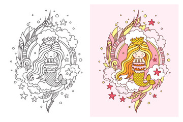 Little happy princess mermaid, holding a birthday cake. Cute cartoon character. Vector illustration for postcard, invitation, poster, print, banner.