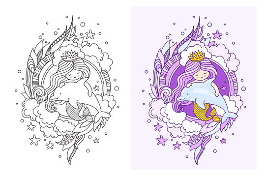 Lovely princess mermaid with dolphin. Page for coloring book. Colorful doodle vector illustration.