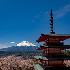 Chureito Pagoda and Mt. Fuji in the spring time with cherry blossoms at Fujiyoshida, Japan.