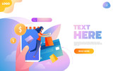 Shopping concept with characters. Commercial checkout pay, ecommerce retail on device. Flat Isometric characters illustration.
