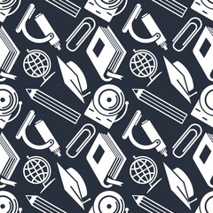 Back to school seamless pattern. Science, education objects and office supplies. Vector illustration