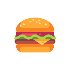 Tasty burger with cheese and salad flat icon