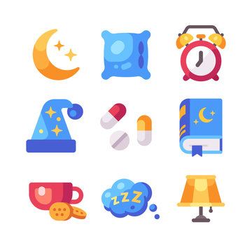 Set of flat sleep icons. Moon, pillow, alarm clock, pills, tea, lamp, book and sleeping cap
