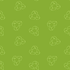 Seamless pattern with recycling sign. Green texture for zero waste poster. Doodle vector illustration.