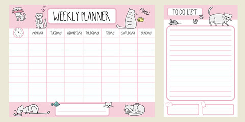Weekly planner template and to do list with different cute cats,adorable pets,