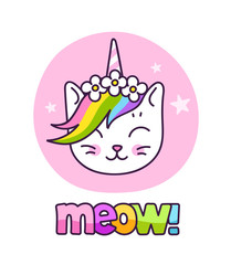 Cute white cat unicorn with horn and rainbow mane, in a flower wreath. Meow quote. Vector cartoon character.