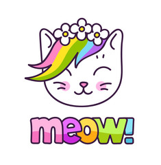 Adorable white kitten with rainbow mane, in a flower wreath. Vector cartoon character.