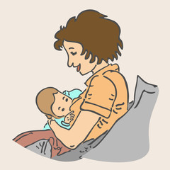 An image of a young woman sitting in a chair and breastfeeding a baby