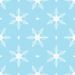 Naklejka na ściany i meble Blue background with white snowflakes, winter seamless vector illustration.