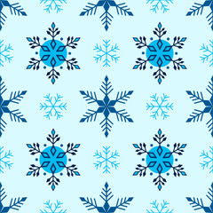 Fototapeta na wymiar Winter seamless blue pattern with snowflakes geometric style.