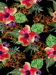 Tropical Flower with leaf seamless pattern 