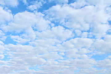 many cumulus clouds in the blue sky