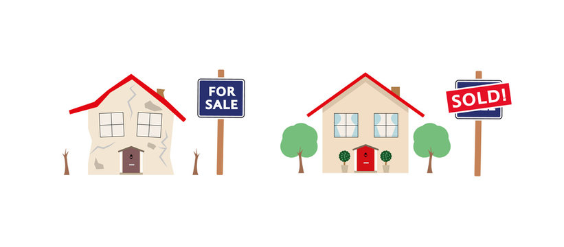 Property sale - vector image of one house in disrepair and the other renovated, with sale and sold signs