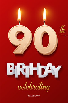 Burning Birthday candles in the form of number 90 figure and Happy Birthday celebrating text with party cane isolated on red background. Vector ninetieth Birthday invitation template.