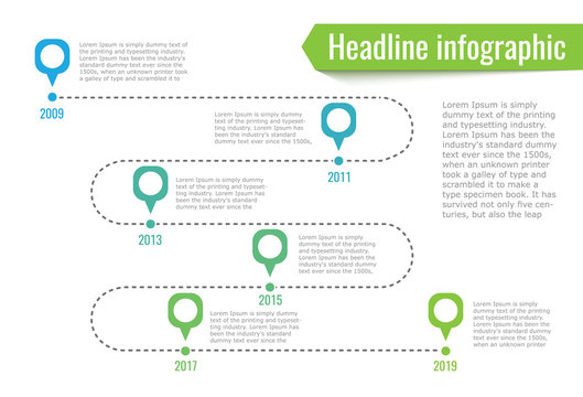 Infographic Path Dotted Line. 6 Points Blue And Green. Vector Illustration.